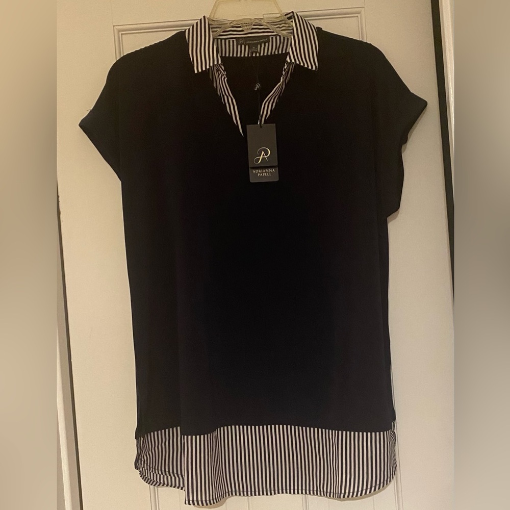 Adrianna Papell Beautiful OnePiece Womens Navy Blue Cap-Sleeve Shirt NWT.Size M.